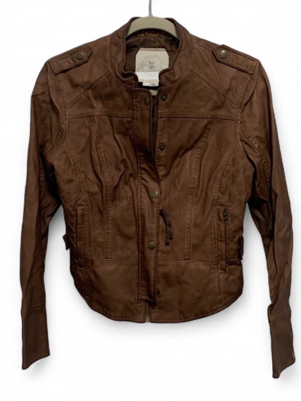 HeiHei Anthropologie Brown Faux Leather Zip Up Jacket